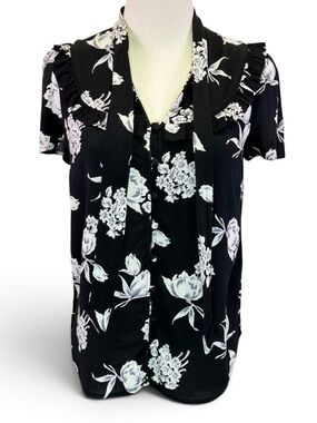 Maeve By Anthropology Women Adagio Ruffled Black Floral Blouse Tie Strap Size S